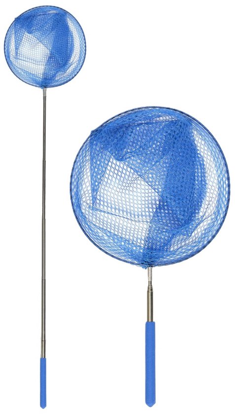 Donkerblauw telescopisch schepnet, volledig uitgeschoven en dichtbij, naast een kleiner exemplaar.