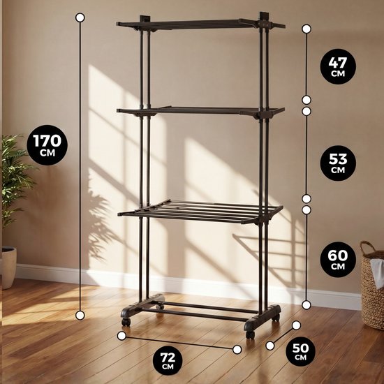 Zwart, drielaags droogrek met afmetingen 170cm hoog, 72cm breed, 50cm diep. De niveaus zijn 47cm, 53cm en 60cm diep.