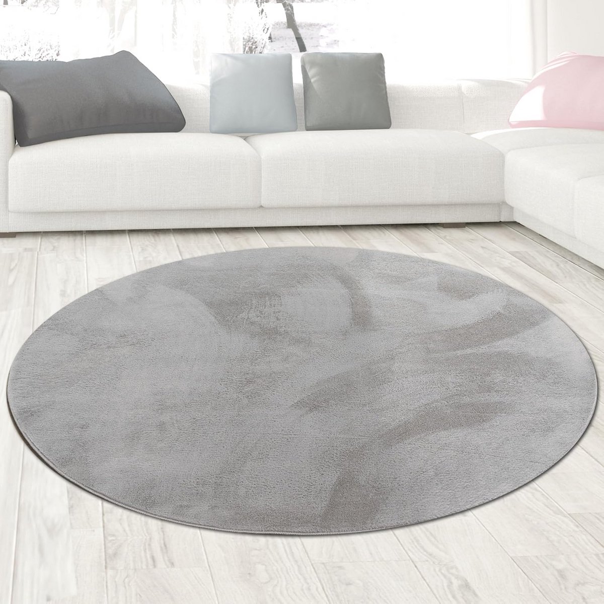 Ronde Vloerkleed Grijs - Modern Kortpolig Kleed met Velours Look - Onderhoudsvriendelijk e
