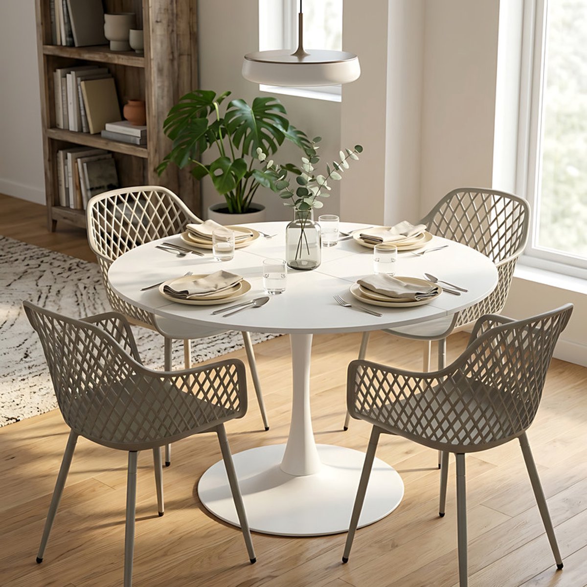 EGGREE eettafel en stoelen set - tafel met een diameter van 120 cm en 4 grijze stoelen - geschikt voor bar - keukeneiland -café en eetkamer. Wit-R4G