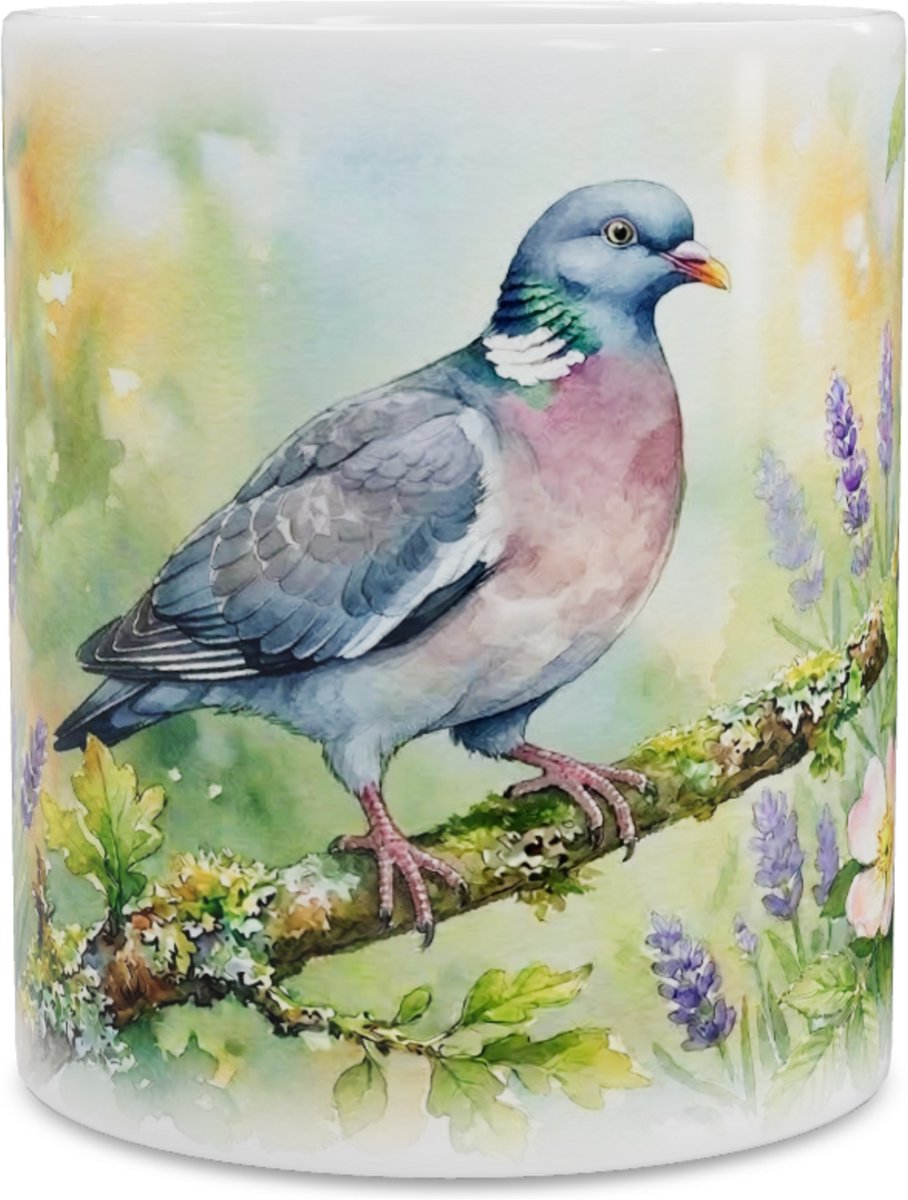 Mok met Houtduif "Aquarel Series" Schilderij - Vogel Drinkbeker voor Koffie & Thee - Natuur Thema Kantoor & Thuis - Prachtig Cadeau voor haar: Vrouw, Vriendin of Collega - Tuinvogel Decoratie - Exclusief Design met Bloemen