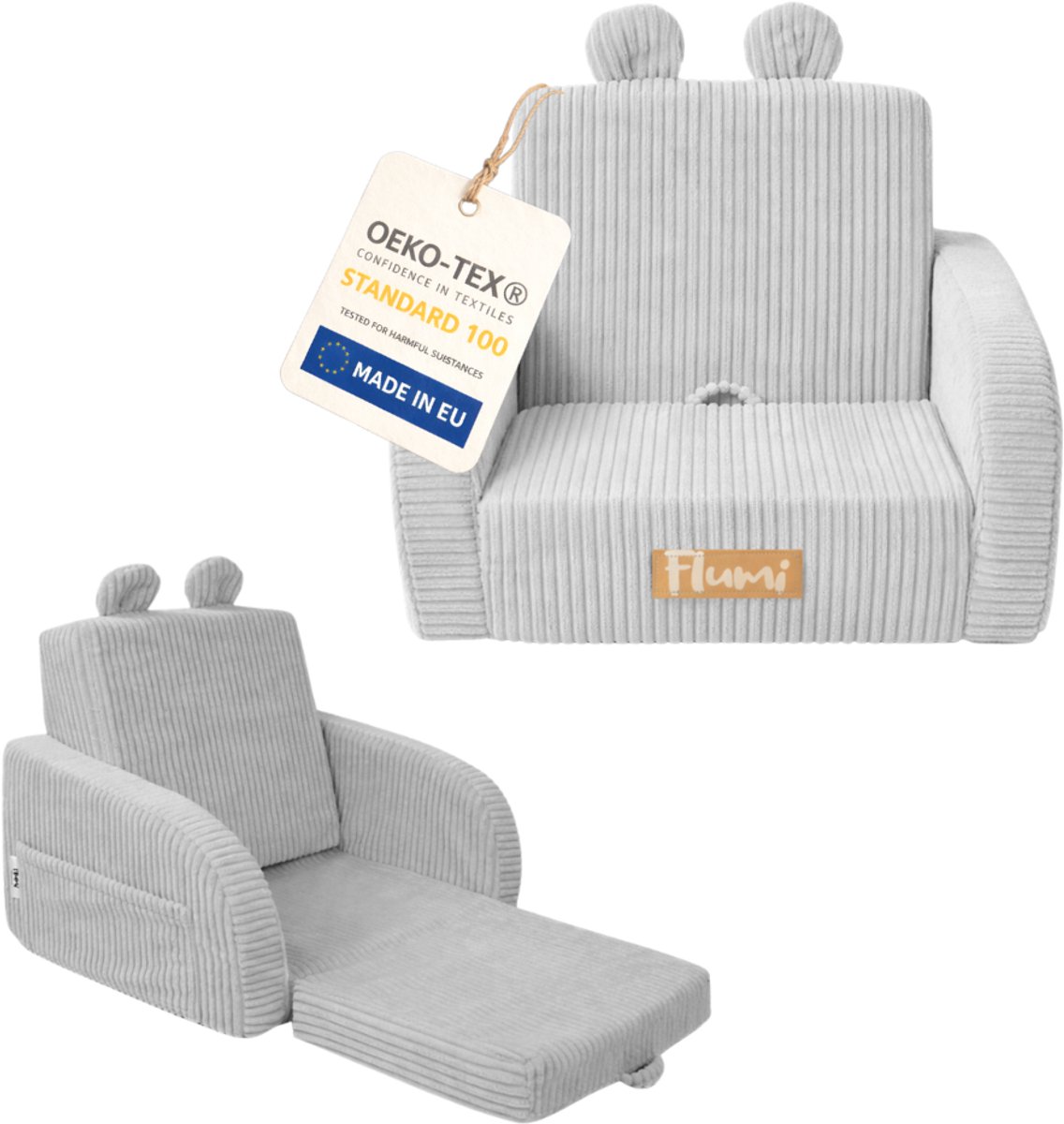 Flumi - 2 in 1 Uitschuifbare Kinderfauteuil - Schuimconstructie - Afneembare Wasbare Hoes - Corduroy Stof - Met Zijvakken - Grijs