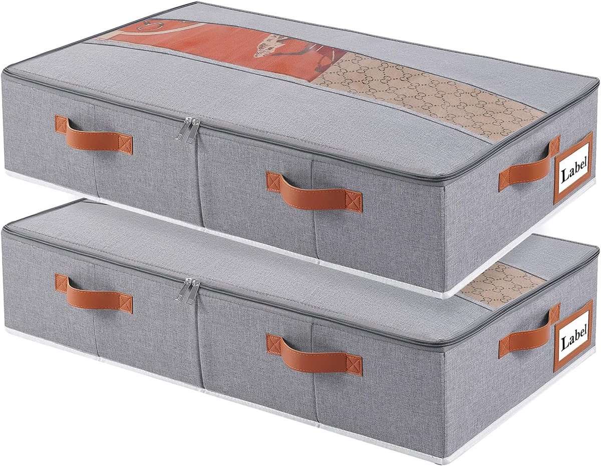 Set van 2 Opvouwbare Opbergdozen Onder het Bed met Deksel en Handgrepen - Grijs