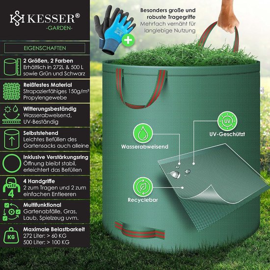 Tuinzak 272 en 500 liter inclusief handschoenen zelfstandig 4 handgrepen stabiel robuust opvouwbaar voor gazon en groenafval — afbeelding 3