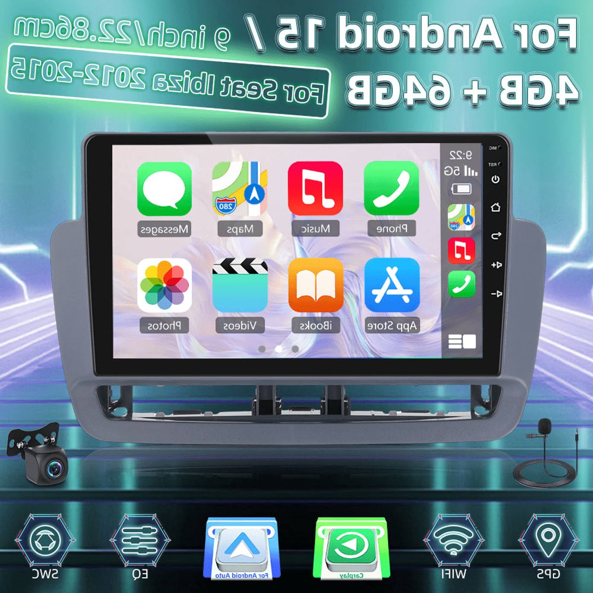 Autoradio Seat Ibiza – Multimedia Systeem – Touchscreen Radio – Navigatie Systeem – Android Stereo – 9 Inch Scherm – Wireless CarPlay & Achteruitrijcamera Met Nachtzicht
