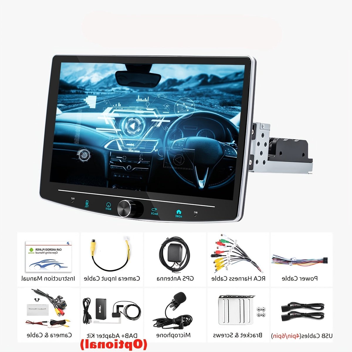 Autoradio Android 10.1” – Draaibare Multimedia Speler – Auto Stereo – Inbouw Radio – 1 DIN Dashboard – Met Microfoon & 12 LED Camera – HD IPS Touchscreen – Android 14.0 Systeem