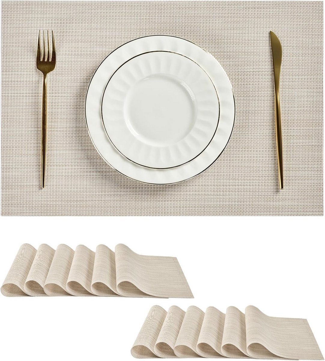 Set van 12 Beige Witte Placemats - Hittebestendig & Antislip Tafelmatten voor Eettafel