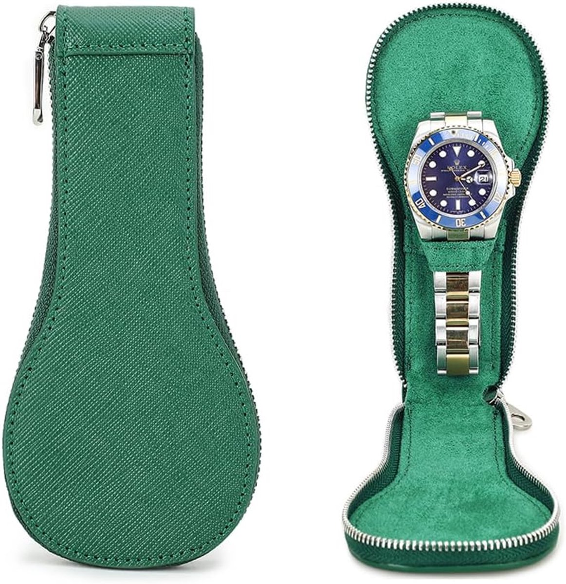 1 Watch Case - Genuine Saffiano Leather - Watch Storage Box - Portable Zipper - Watch Protective Organizer - Groen