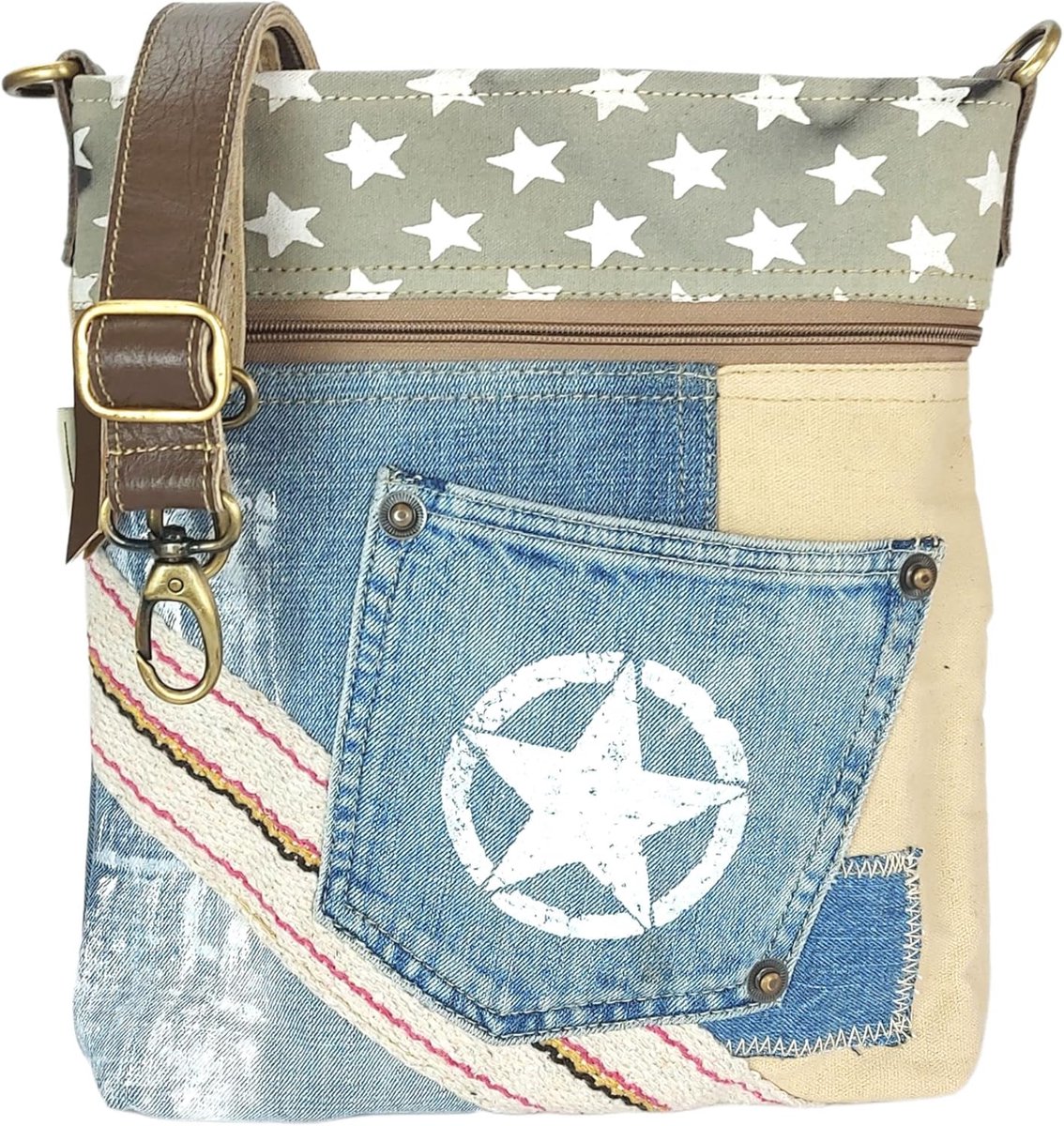 Schoudertas voor Vrouwen van Gerecyclede Jeans en Canvas - Vintage Stijl met Sterdesign - Kleine Crossover Tas in Beige