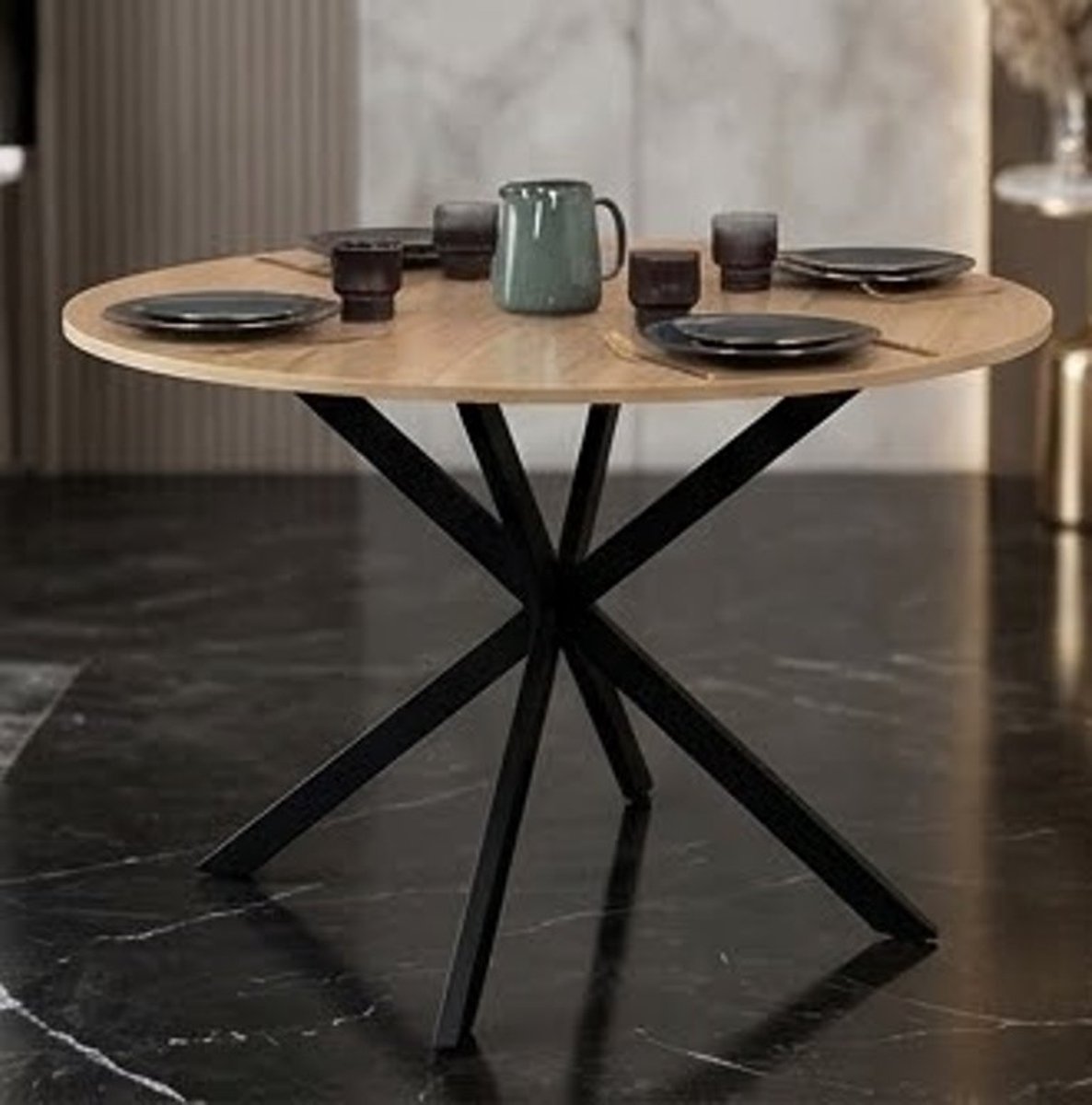 Ronde eettafel Ø110 cm - Spinnenvoet Design Hout & Zwart Metaal - Moderne Keukentafel voor 6 personen - Eetkamer- & Woonkamertafel - Scandinavisch & Industrieel Design Casa Serena – 110 cm – Casa D...