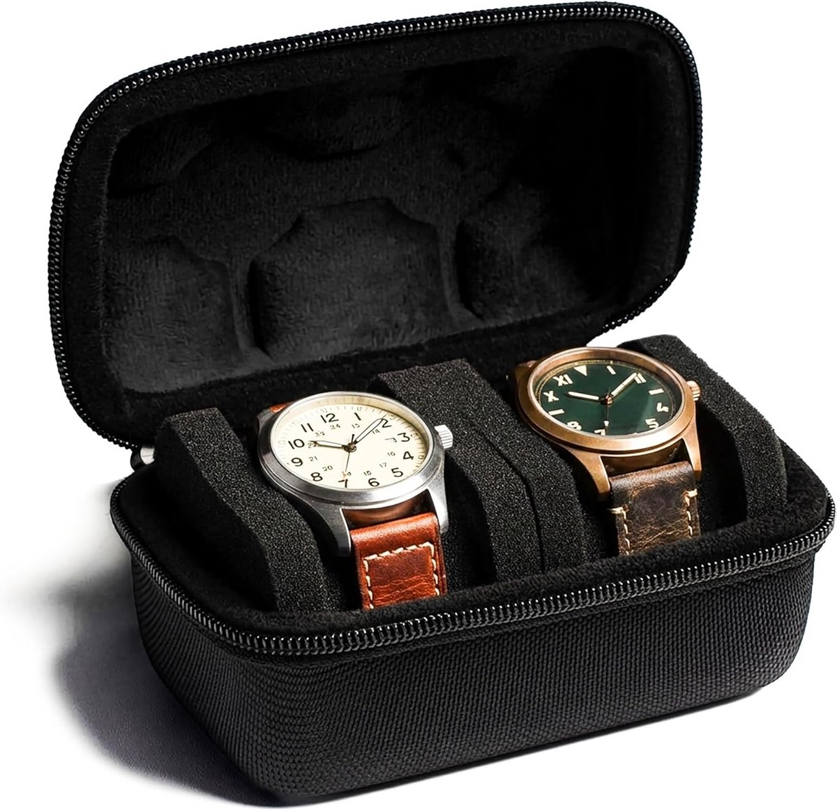 Compacte horlogehouder met 2 vakken en zachte binnenkant - bescherming tegen beschadiging tijdens het reizen