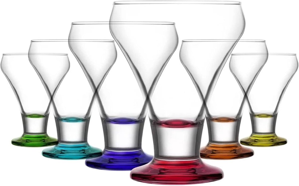 Set van 6 ijscoupes van hoogwaardig glas met gekleurde bodem, 305 ml