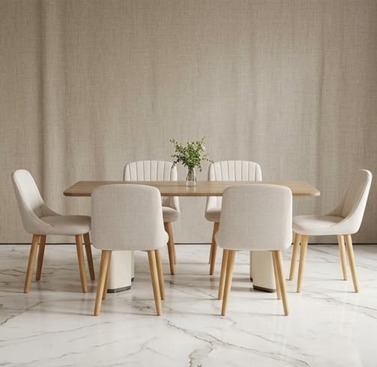 Beige eetkamerstoelen, set van 4, met houten poten, gestoffeerd, gemaakt van polyester, geschikt voor eetkamers, woonkamers, keukens en kantoren - Casa Serena – Afmetingen op aanvraag – Casa Dorada