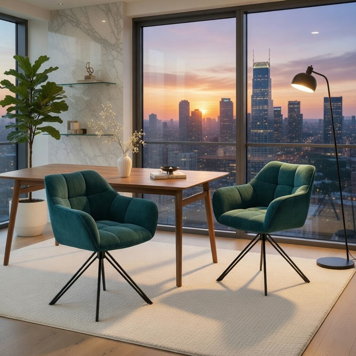 Luxe Draaistoelen voor Eetkamer en Woonkamer – Set van 2 – Comfortabele Gestoffeerde Keukenstoelen met Armleuningen en 360° Draaibaar – Groen Fluweel – Modern Design Novihome