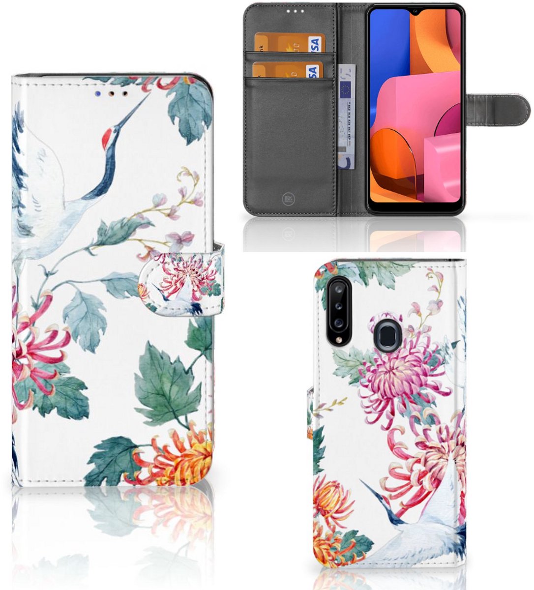 Samsung Galaxy A20s Telefoonhoesje met Pasjes Bird Flowers