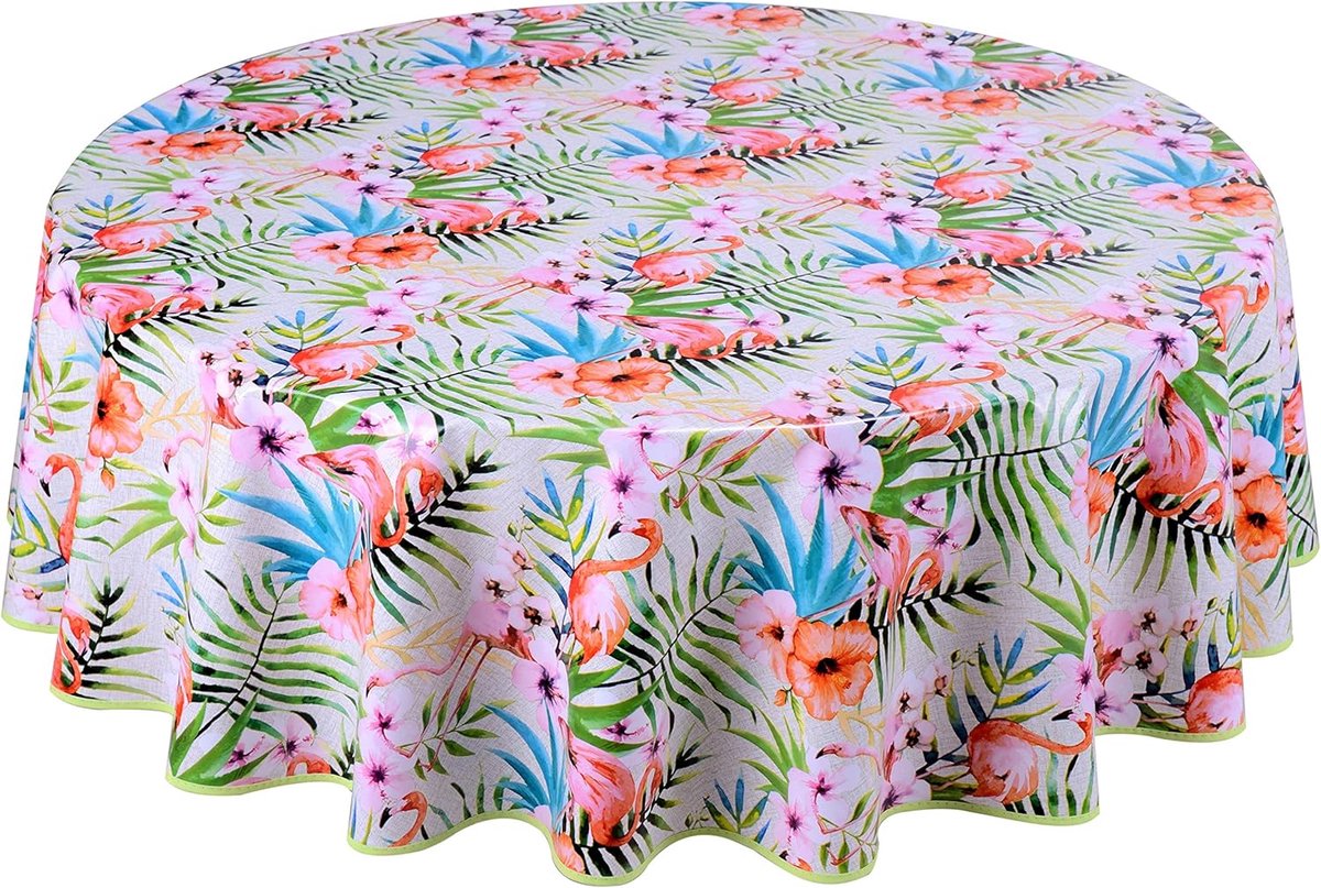 Rond Tafelkleed van PVC 160 cm in Beige, Groen en Roze