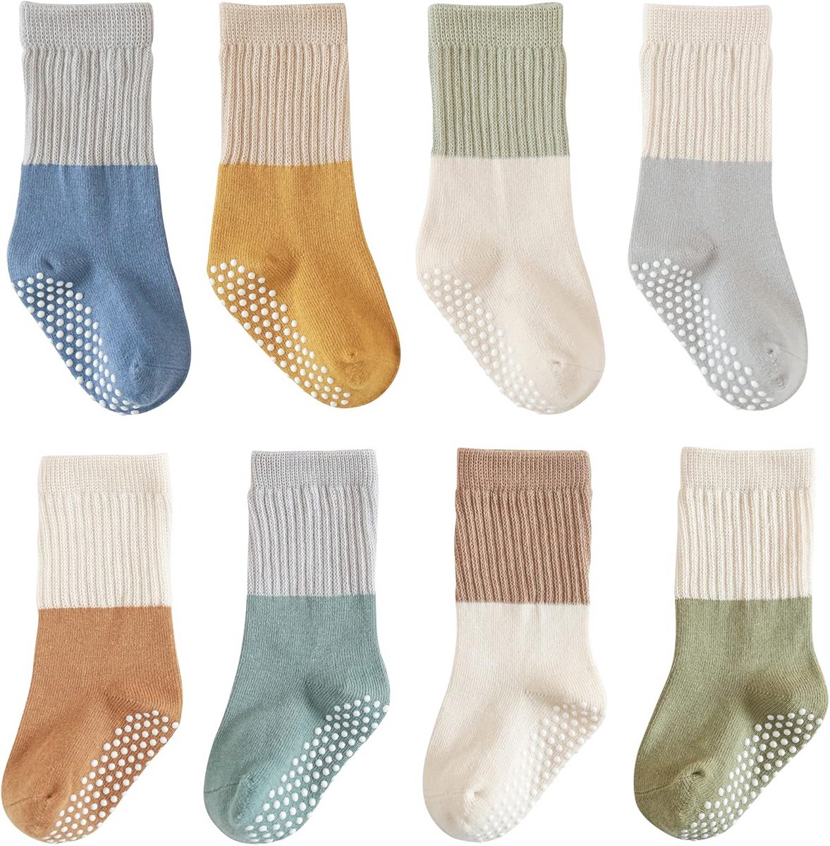 Antislip-babysokken voor peuters en baby's - 8 paar met ABS-noppen van katoen - Comfort en grip voor jongens en meisjes