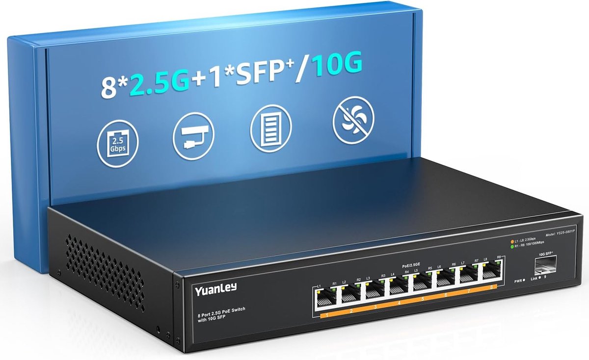 9-poorts 2.5G PoE-switch met 8 PoE-poorten en 10G SFP - Ventilatorloos, Desktop/Rack Mount