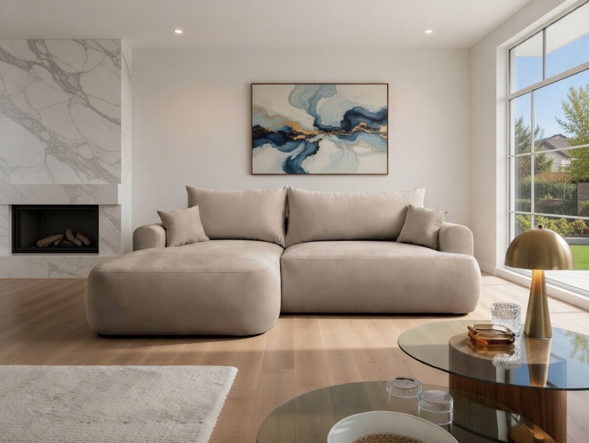 Hoekbank met slaapfunctie 260 × 165 × 93 cm –Natuurlijk licht fluwelen hoekbank met opbergruimte, DL-systeem uittrekbaar bed 142 × 210 cm, 4-zits loungebank met chaise longue rechts – Velvet Comfort OVO – Bellavero