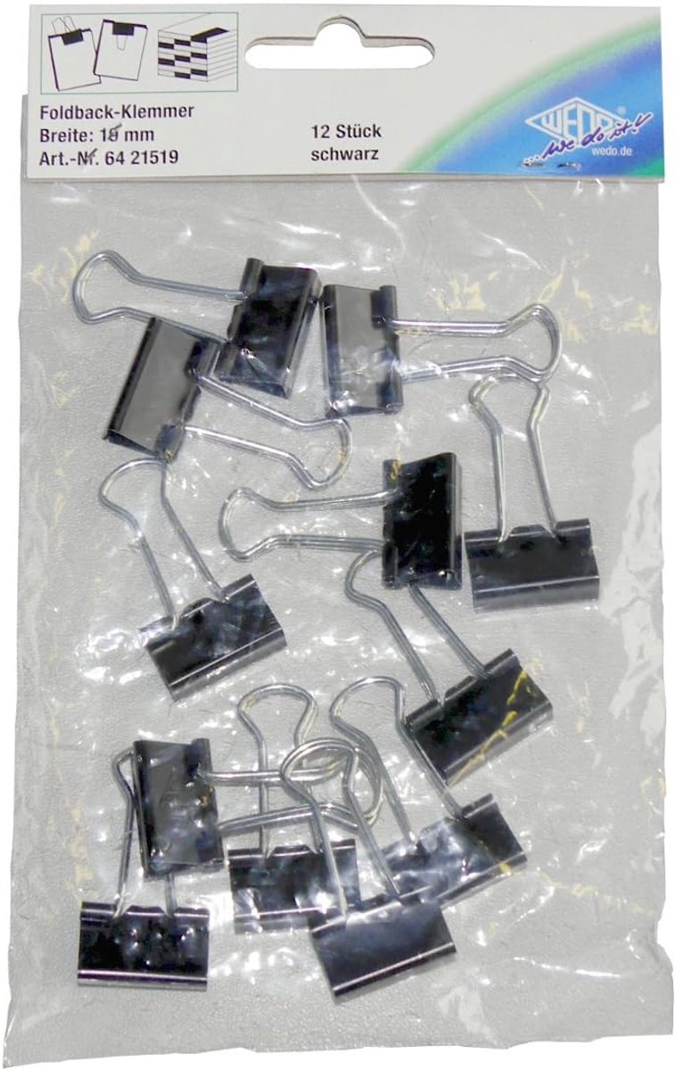 Foldback klemmen 19 mm, 12 stuks, gelakt metaal, sterke veer, zwart/zilver