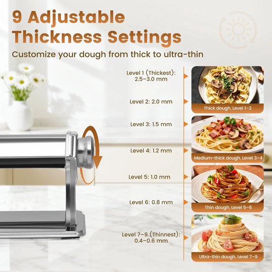Sensova Handmatige Pastamaker van RVS - Noedelmachine met 9 Dikte-instellingen - Pasta Roller & Snijder voor Spaghetti, Lasagne, Wonton en Verse Deegvellen - Pastamachine van Merkloos — afbeelding 3