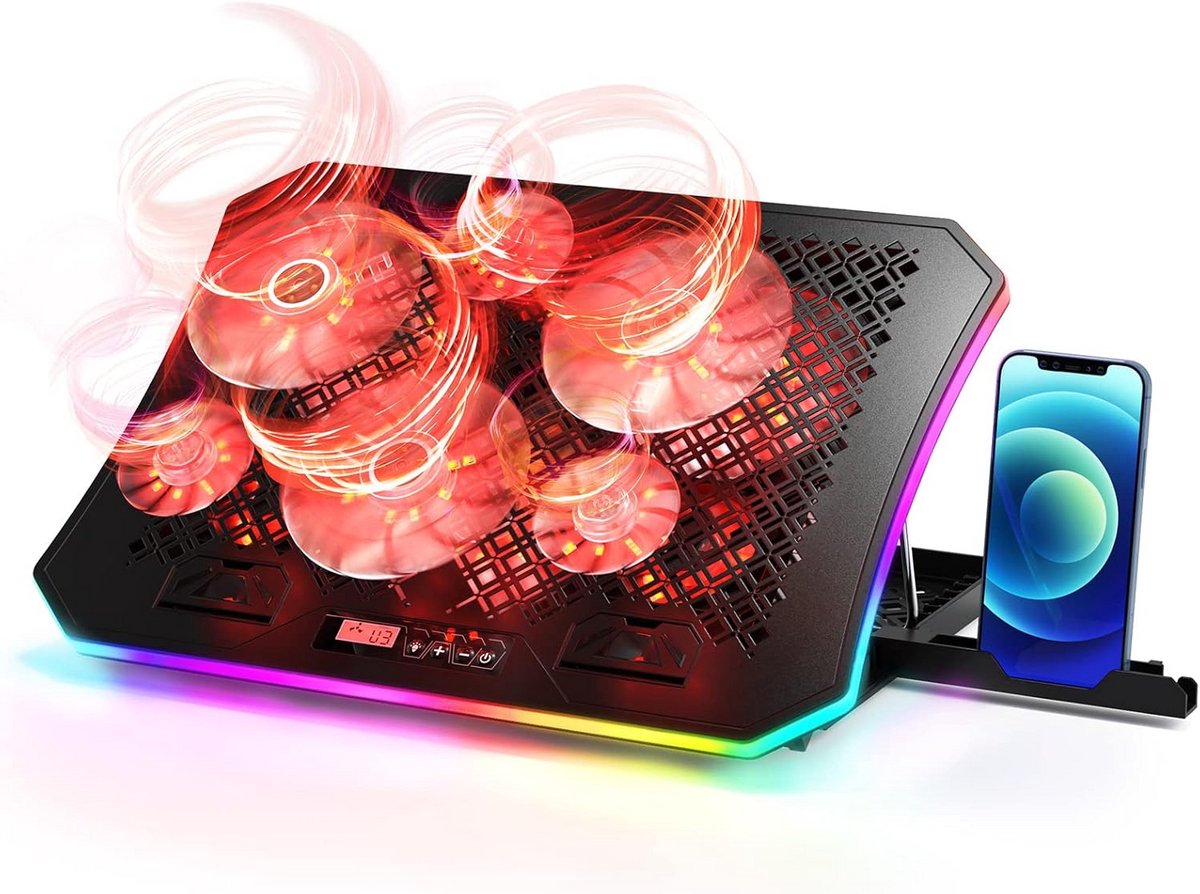 Laptop Cooling Pad met RGB Verlichting - 6 Fans voor 15.6-17.3 Inch Laptops met 7 Hoogtes en 10 Lichtmodi