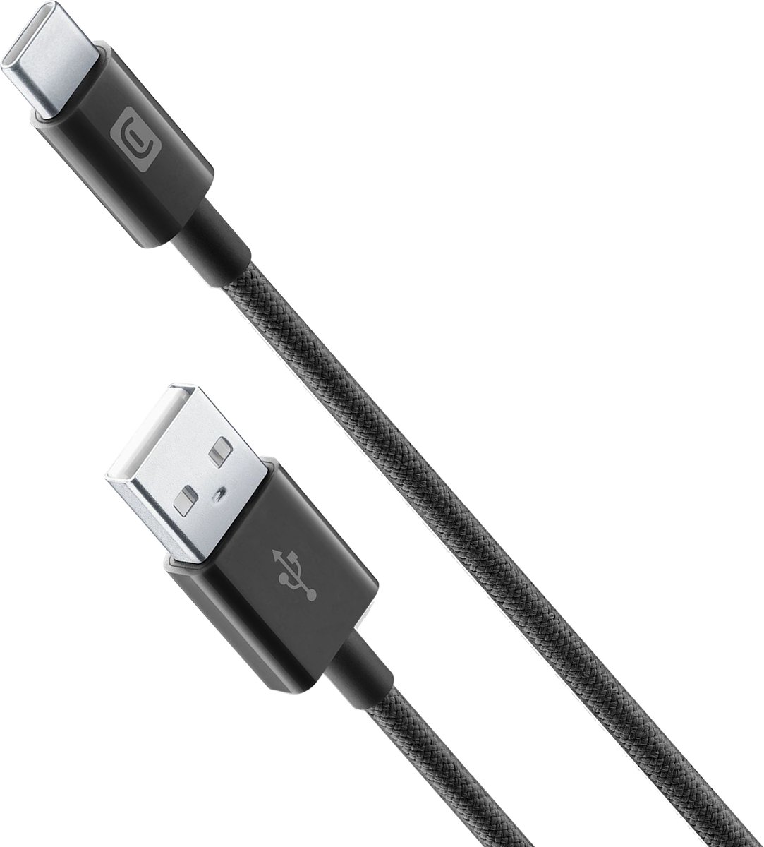 Cellularline Kabel USB-A naar USB-C 150cm - Gevlochten & Versterkt - Zwart
