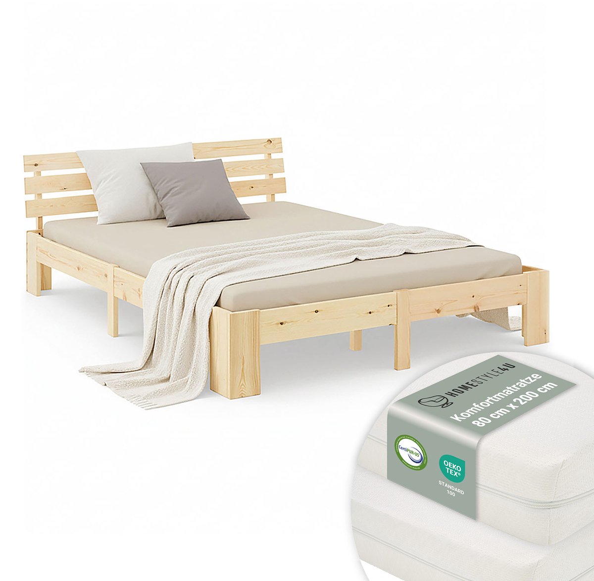 Homestyle4u Tweepersoonsbed - 160x200 cm - Bed met matrassen en lattenbodem - Natuur