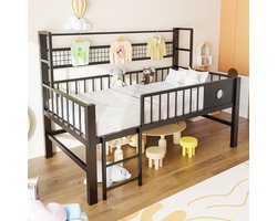 MIVRAY Kinderhoogslaper 90x200cm Zonder Matras - Laag Hoogbed Met Veiligheidshek En Opbergvakken - Met Kledingroede - Metaal - Zwart