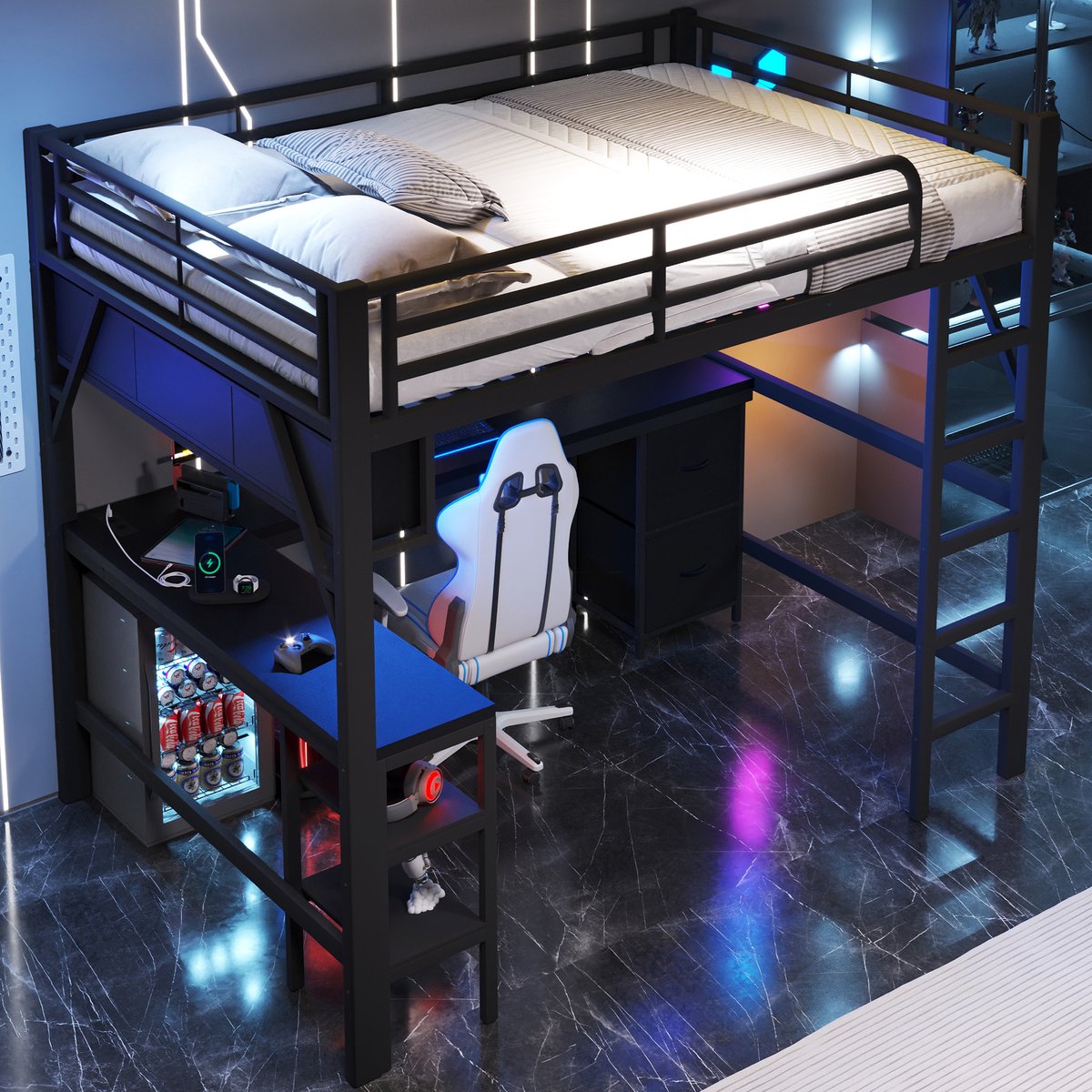 MIVRAY Hoogslaper 140x200cm - Met Bureau En Boekenkast Met Ledverlichting En Oplaadpunt - Met Opbergvakken - Metaal En MDF - Zwart