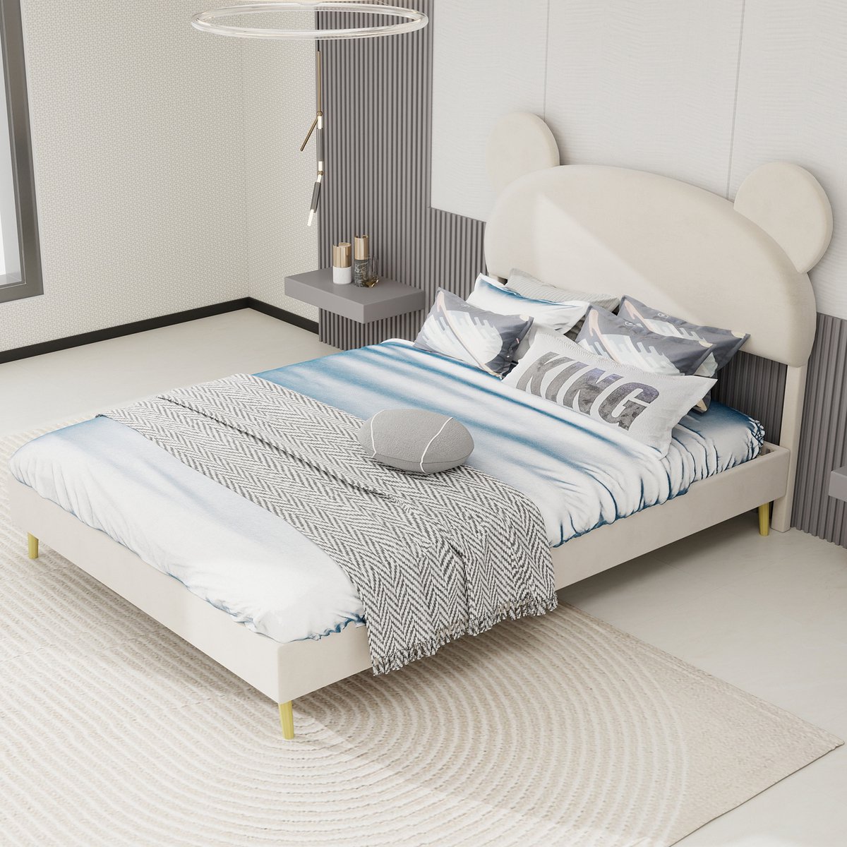 MIVRAY Gestoffeerd Bed 140x200cm - Cartoon Hoofdbord Met Opbergruimte - Stabiel Laag Bedframe Zonder Matras - Stof Metaal - Beige