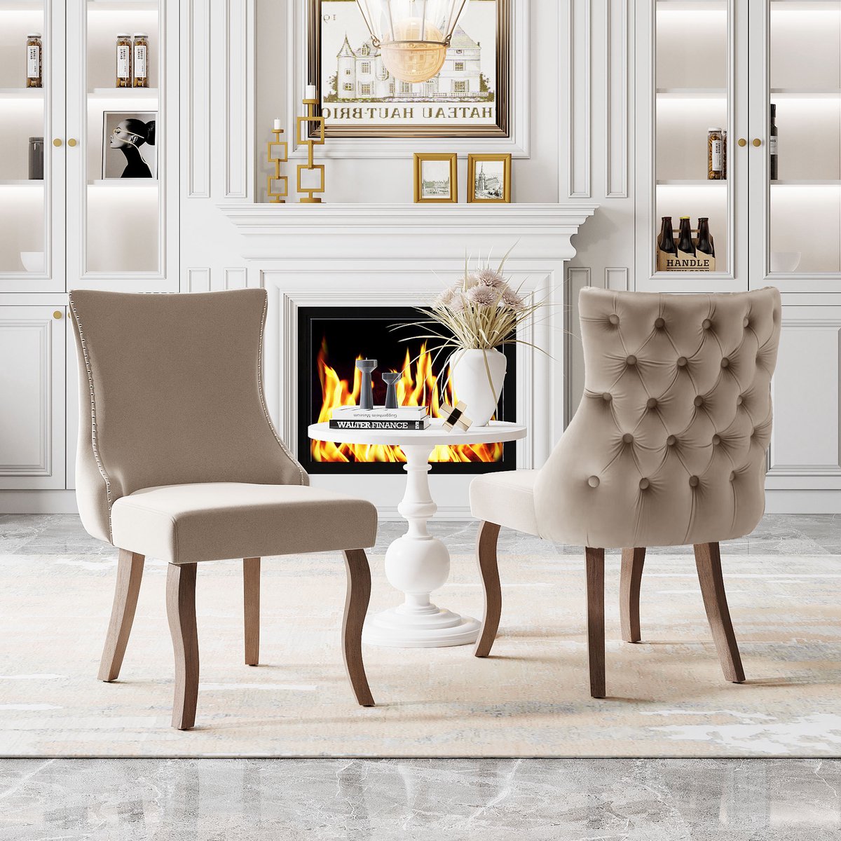 STILVORA Eetkamerstoel - Set Van 2 - Fluweel Met Knopen En Siernagels - Voor Eetkamer En Woonkamer - Beige