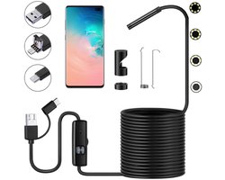 3-in-1 Endoscoop Camera met LED - Endoscoop - Inspectiecamera - IP67 Waterdicht - Instelbare Verlichting - Inspectiecamera USB - Voor Industriële Inspectie - Inspectiegereedschap - 5m Lengte - Diameter 5.5mm - Geschikt voor USB-C, IOS en Android