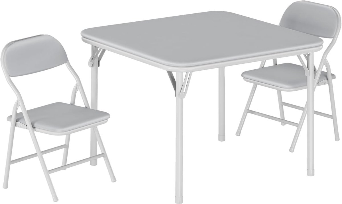3-Delige Opvouwbare Kindertafel en Stoelen Set - Speeltafel met 2 Stoeltjes - Gewatteerd PU Leer - Geen Montage - Veilig (Anti-Knel) - Grijs