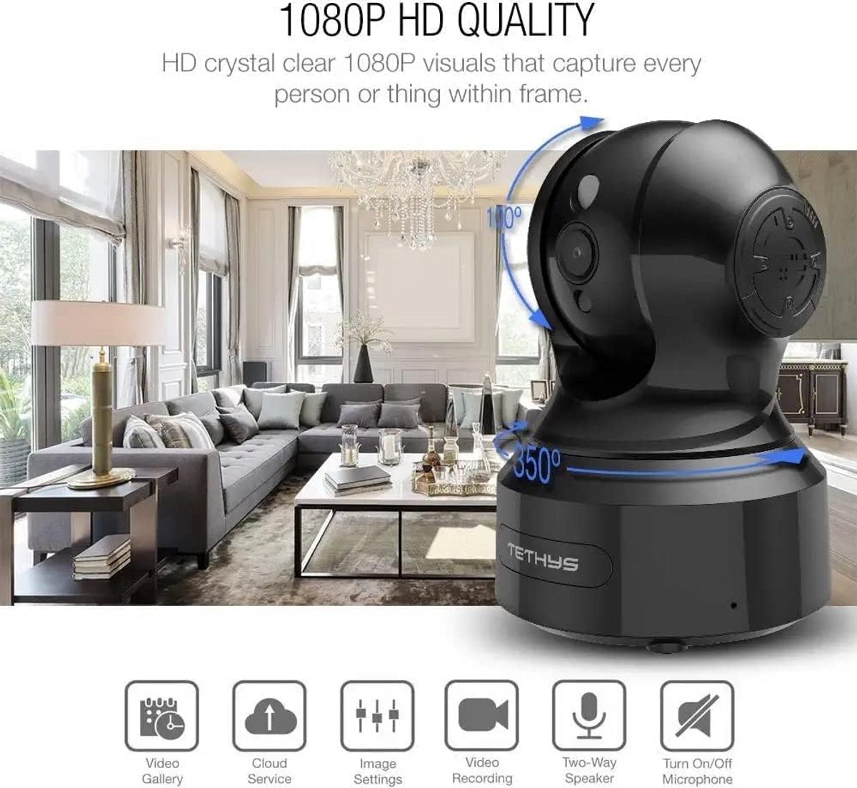 TETHYS beveiligingscamera draadloos 1080p wifi indoor smart ip bewakingscamera met nachtzicht, bewegingsdetectie, bidirectionele audio voor thuis/kantoor/baby