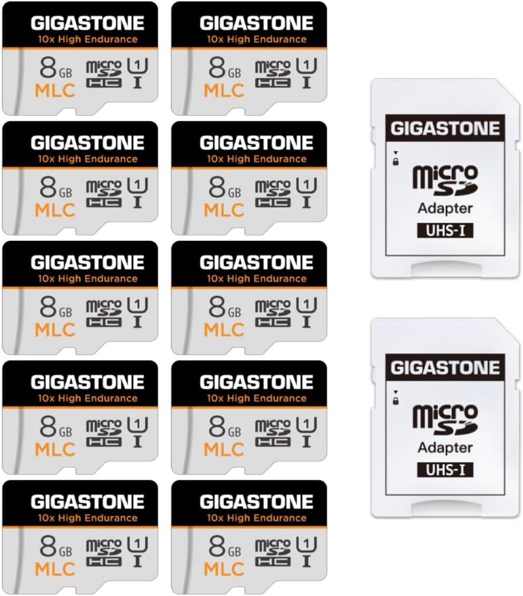 Gigastone 8GB 10 Pack Micro SD Memory Card, MLC 10x High Endurance, SDHC UHS-I U3, Class 10, V30, 4K, 90/40MB/s Read and Write Speed, Full HD, Specially for Dash Cam, Smart Indoor/Outdoor Camera,