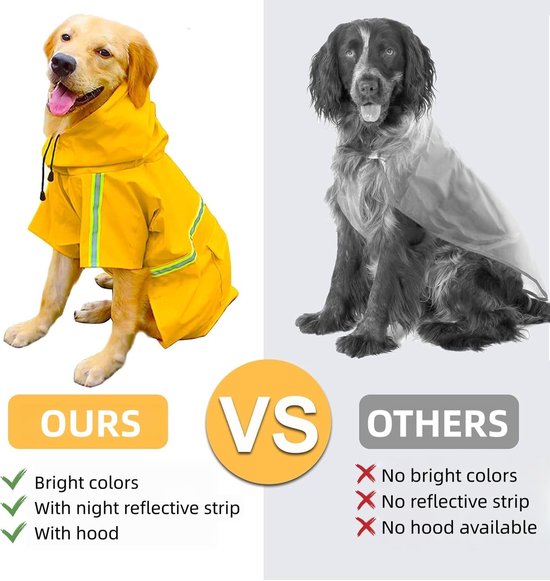 Golden retriever in een gele regenjas en zwarte hond in een doorzichtige regenjas.