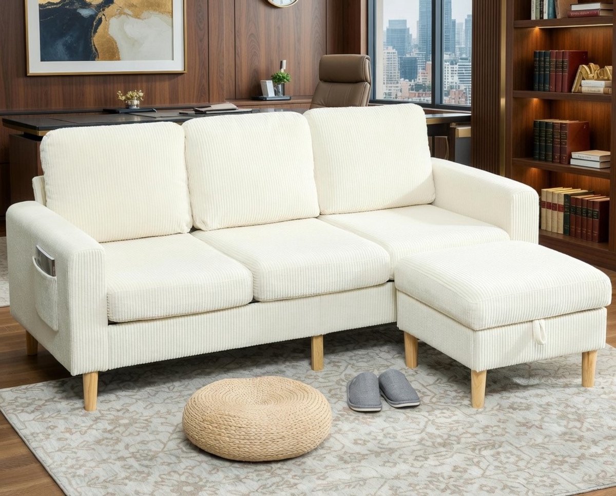 Luxe 3-Zits Bank met Voetenbank & Opbergruimte – 192 cm Corduroy Sofa met Verende Zitkussens, Dikke Gevoerde Rugleuning & Armleuningen – Modern Design Woonkamer Bank, Beige – Max 360 KG Draagvermogen - Casa Serena