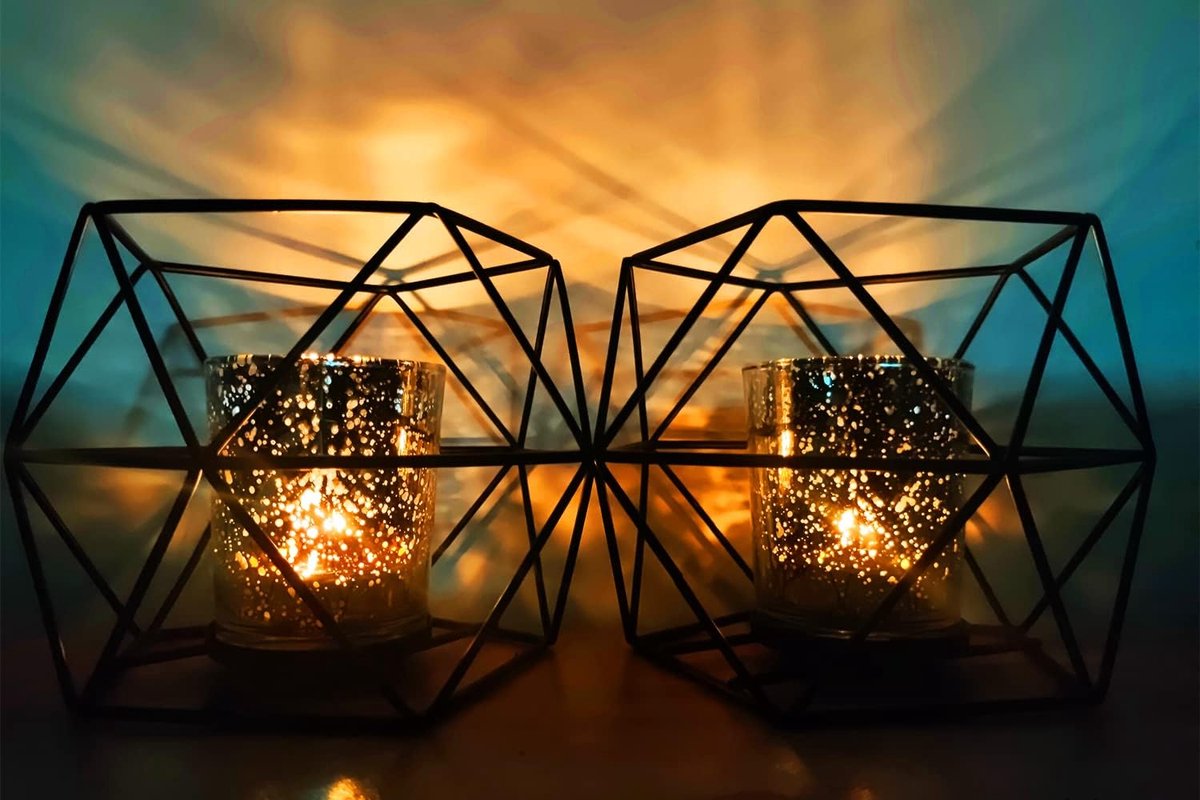 Geometric Tea Light Holder Set of 2 - Metal Black with Glass Candle Cups for Table Decoration