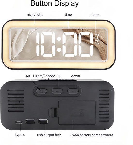 Nachtlampje met Digitale Wekker en LED Spiegel - Instelbare Helderheid, Dubbel Alarm en Snooze Functie voor Slaapkamer van Merkloos — afbeelding 4