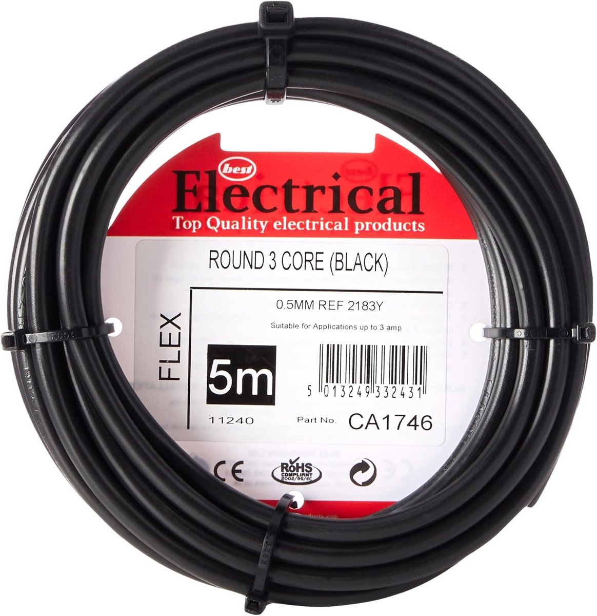 Flexibele 3-Core Rond Zwart Kabel 0,5 mm - 5 Meter