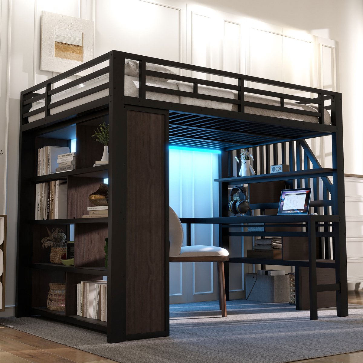 Wishdor Hoogslaper 140x200 cm - Met geïntegreerd bureau en opbergtrap - LED-verlichting met app - Robuust metaal en MDF - Ruimtebesparend - Zwart - L 251 x B 144 x H 169,4 cm