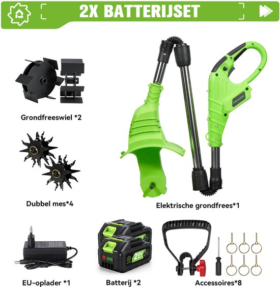 ONEGREEN Accu Grondfrees - 1200 tpm - Elektrisch Tuinfrees - met 2x Accu's - 20 cm werkdiepte - 19 cm werkbreedte - voor het losmaken en beluchten van OneGreen — afbeelding 2