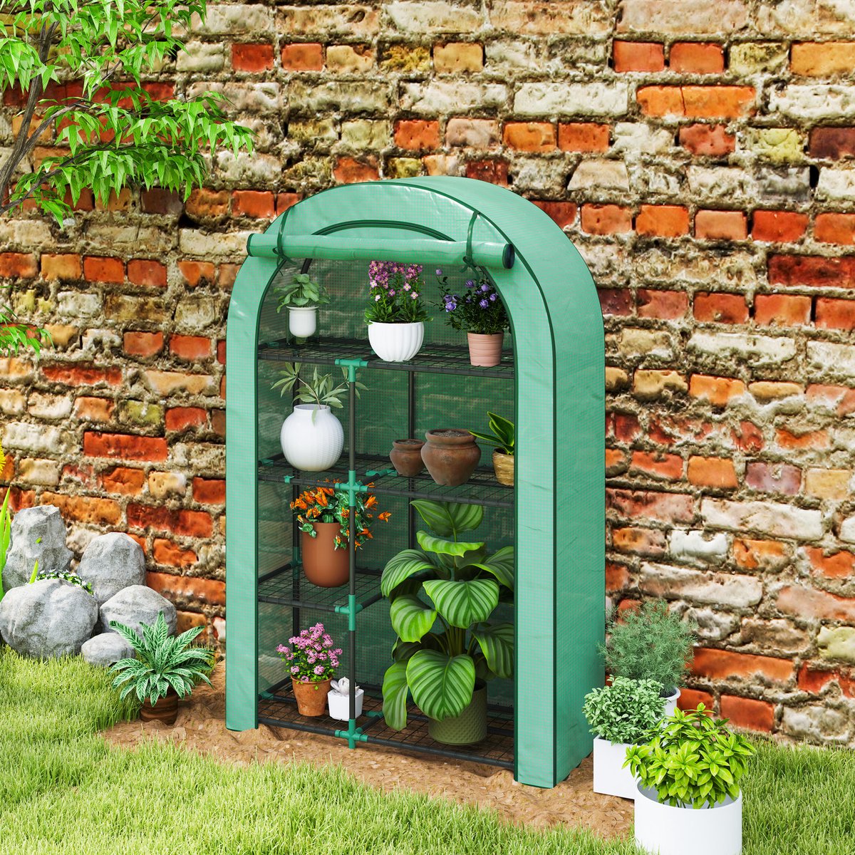 Wishdor Foliekas Met Rond Dak - Oprolbare Deur Met Rits - 7 Draadplanken - Staal - Groen - 100 x 45 x 160 cm