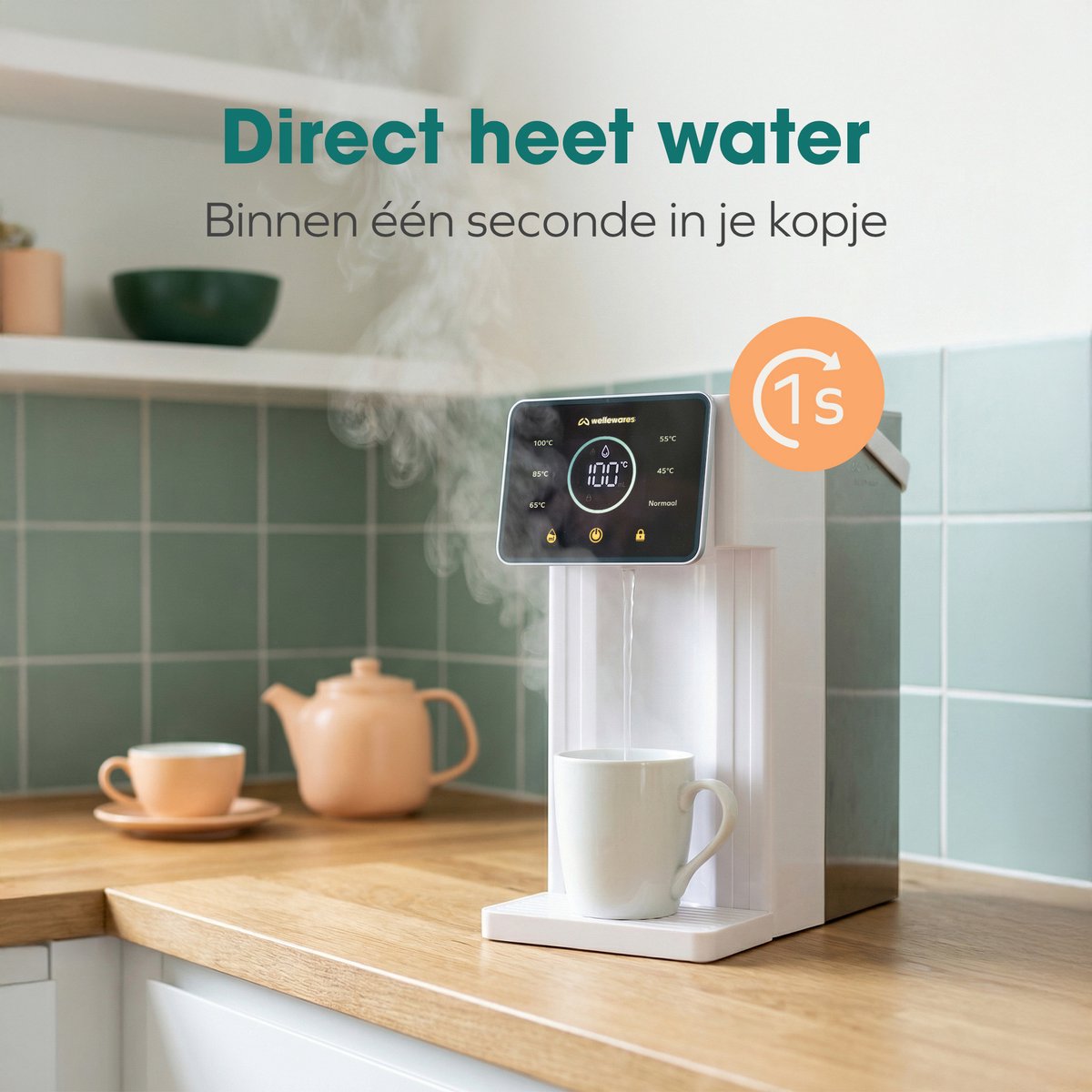 Wellewares - Heetwaterdispenser - Waterkoker - 6 Temperaturen 25-100°C - 8 Hoeveelheden - 3 Liter - Instant Heetwatertap - Touchscreen - Wit — afbeelding 2