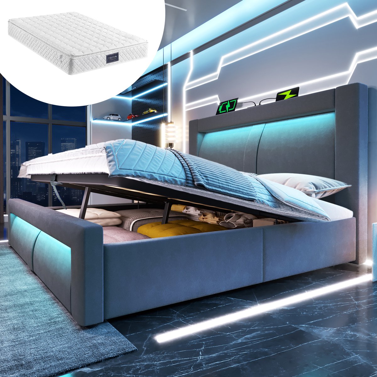 FloraGrace Gestoffeerd Bed 160x200 cm - Led en Usb C Oplaadpunten - Hydraulische Opbergruimte - Met Matras - Grijs