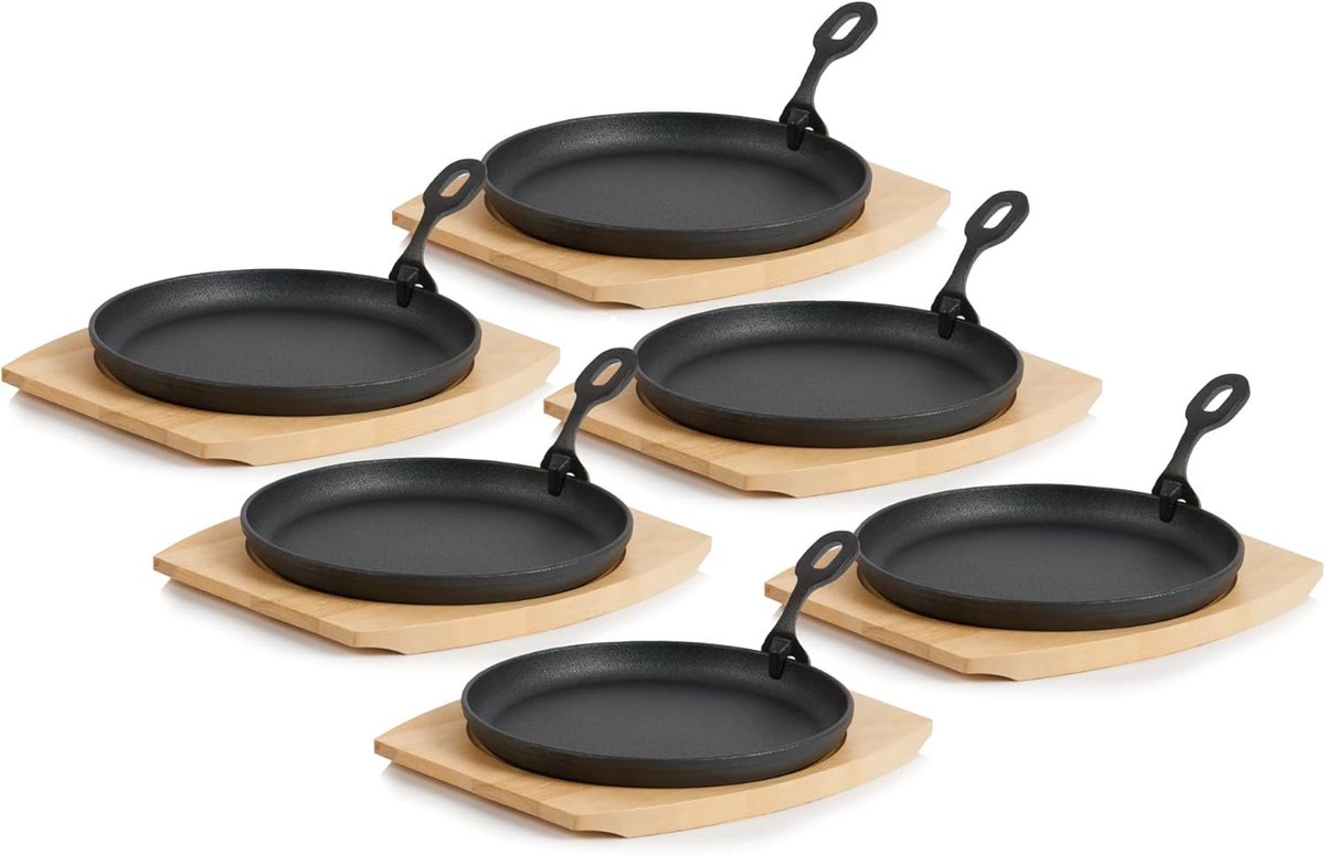 Gietijzeren Serveerpannetjes met Houten Onderlegger - 6 Stuks - Ø 22 cm - Voor Grillen en Ovenschotels