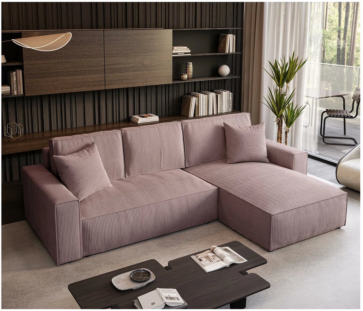 Hoekbank met slaapfunctie 290 × 185 × 86 cm – Roze ribstof hoekbank met opbergruimte, uittrekbaar bed 244 × 140 cm, 4-zits loungebank met omkeerbare chaise longue – Paris Comfort XL – Bellavero