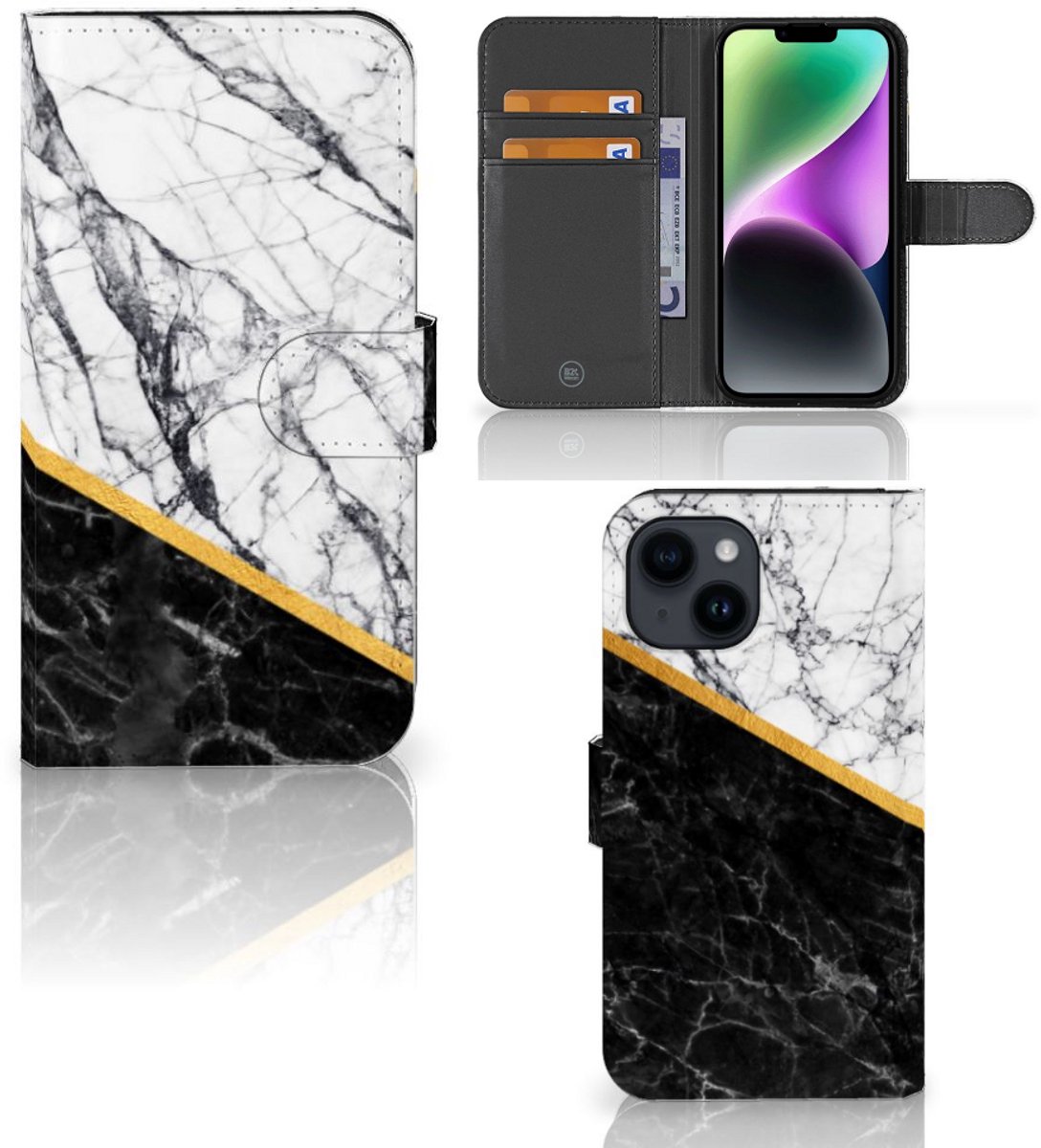 iPhone 15 Bookcase Marmer Wit Zwart - Origineel Cadeau Man