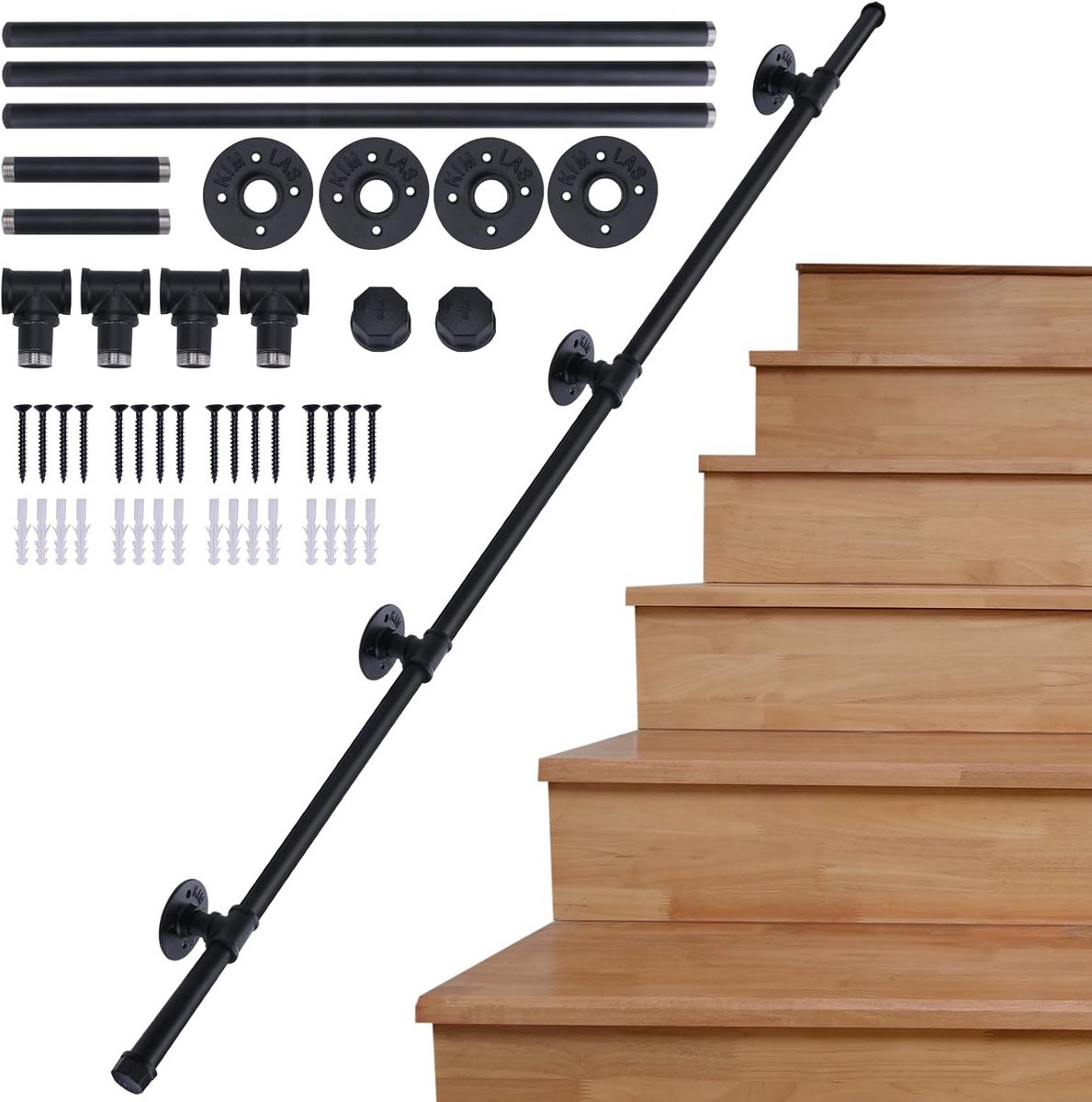 Zwarte Wandgemonteerde Trapleuning 3,95 m – Antislip Handrails voor Veilige Buitentreden